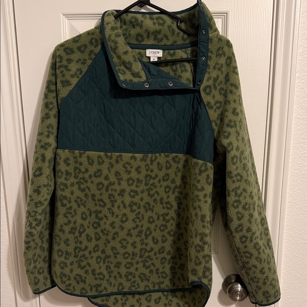 J. Crew Olive Leopard Print Fleece Pullover